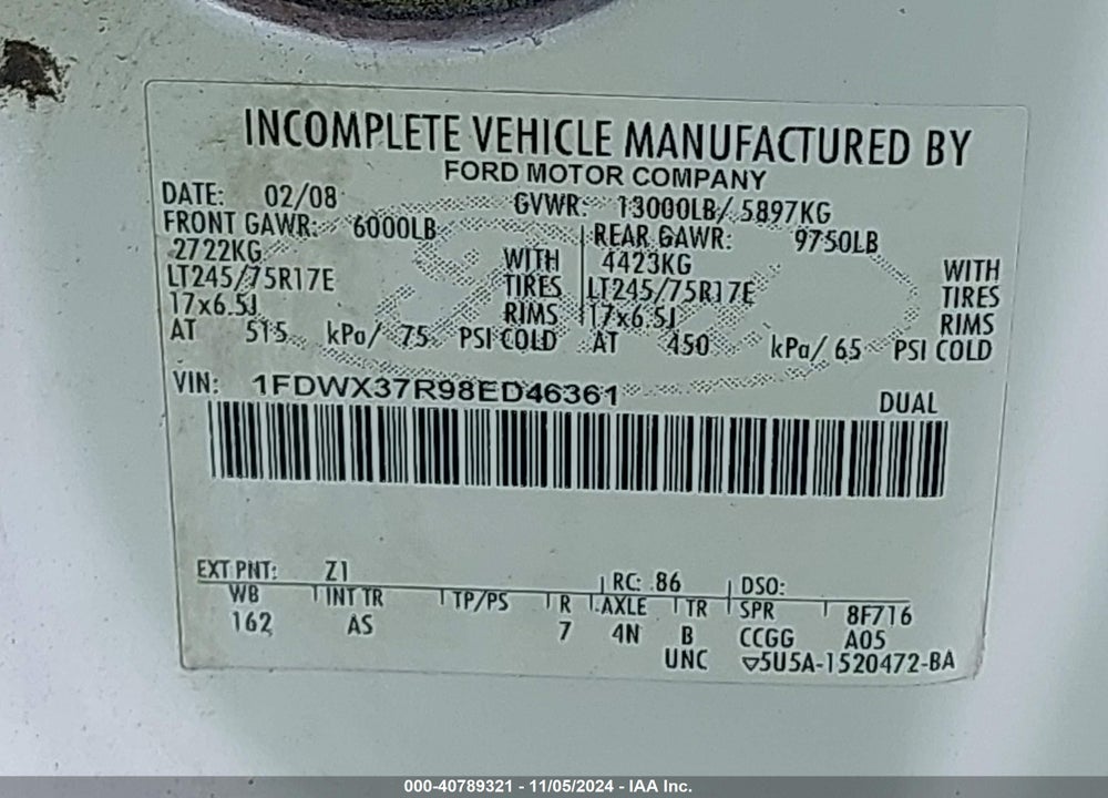 2008 FORD SUPER DUTY F-350 DRW XL/XLT/LARIAT VIN: 1FDWX37R98ED46361