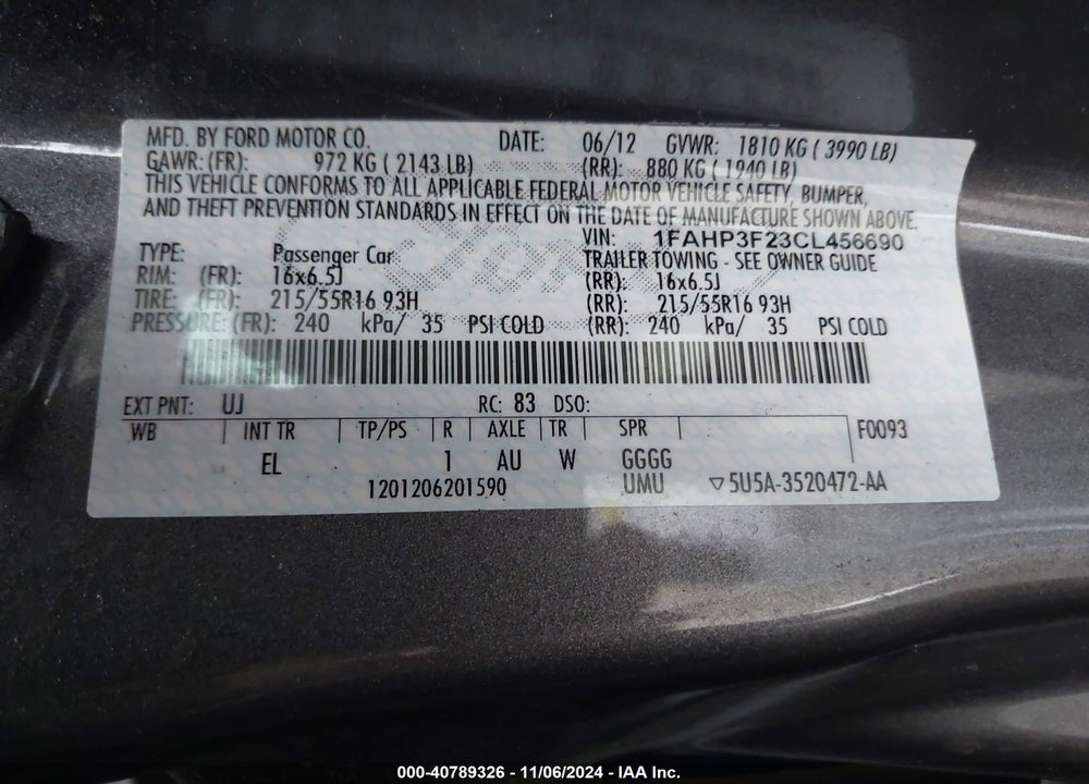 2012 FORD FOCUS SE VIN: 1FAHP3F23CL456690