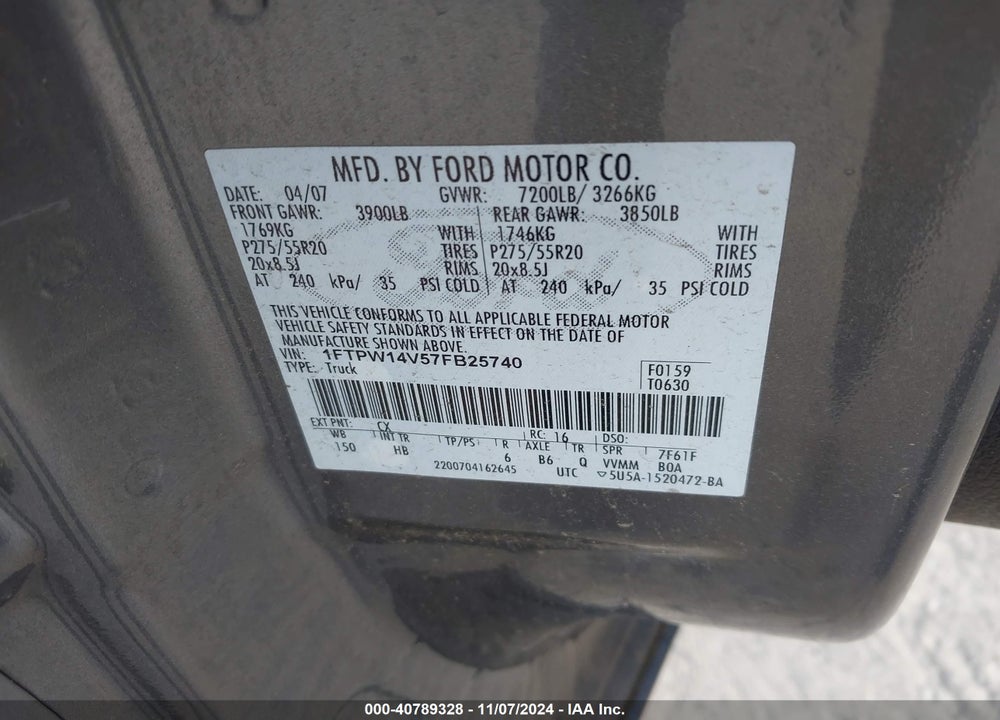 2007 FORD F-150 VIN: 1FTPW14V57FB25740