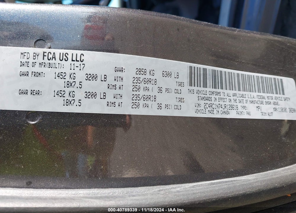 2018 CHRYSLER PACIFICA HYBRID LIMITED VIN: 2C4RC1N74JR129618
