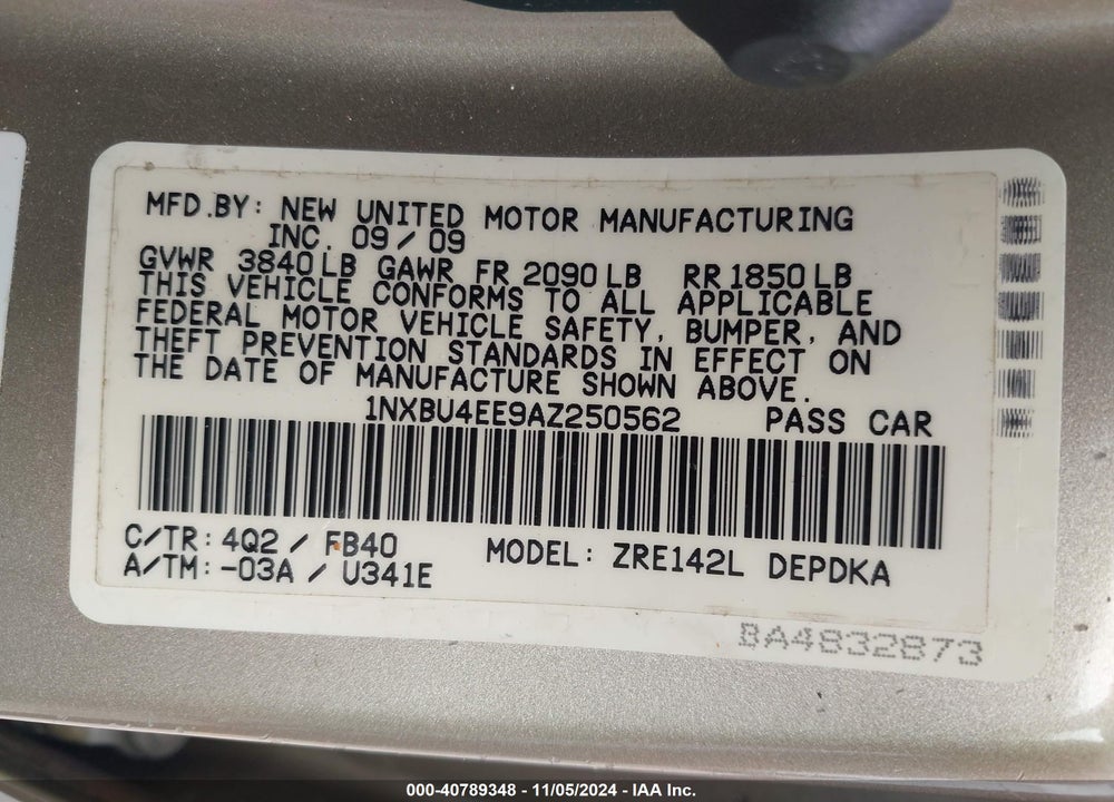 2010 TOYOTA COROLLA VIN: 1NXBU4EE9AZ250562