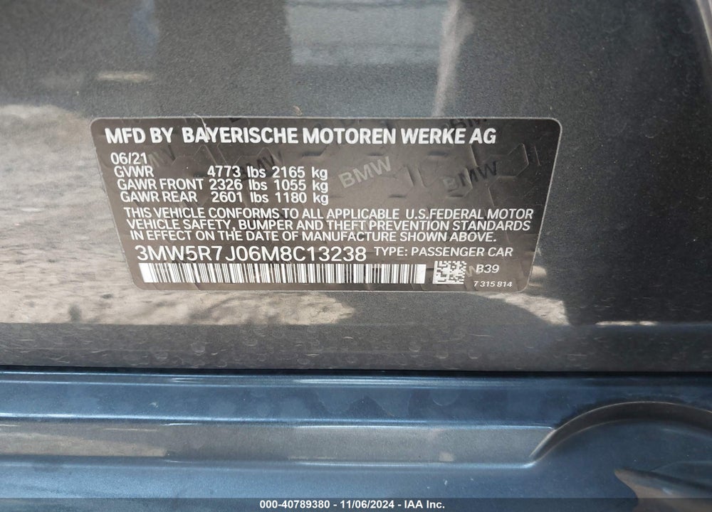 2021 BMW 330I XDRIVE VIN: 3MW5R7J06M8C13238