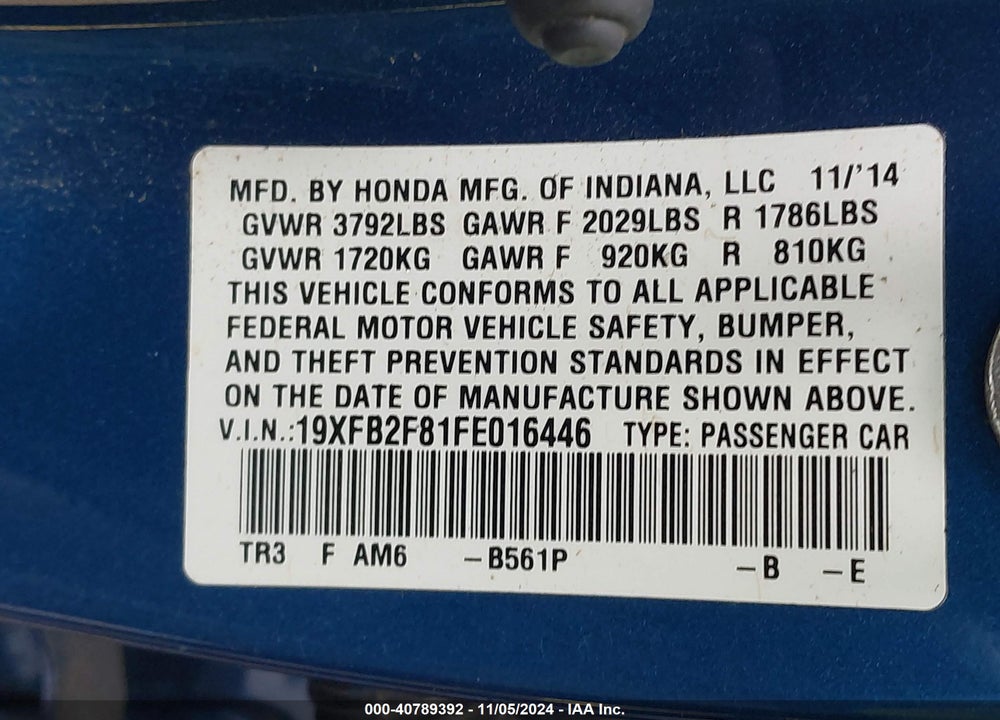 2015 HONDA CIVIC EX VIN: 19XFB2F81FE016446