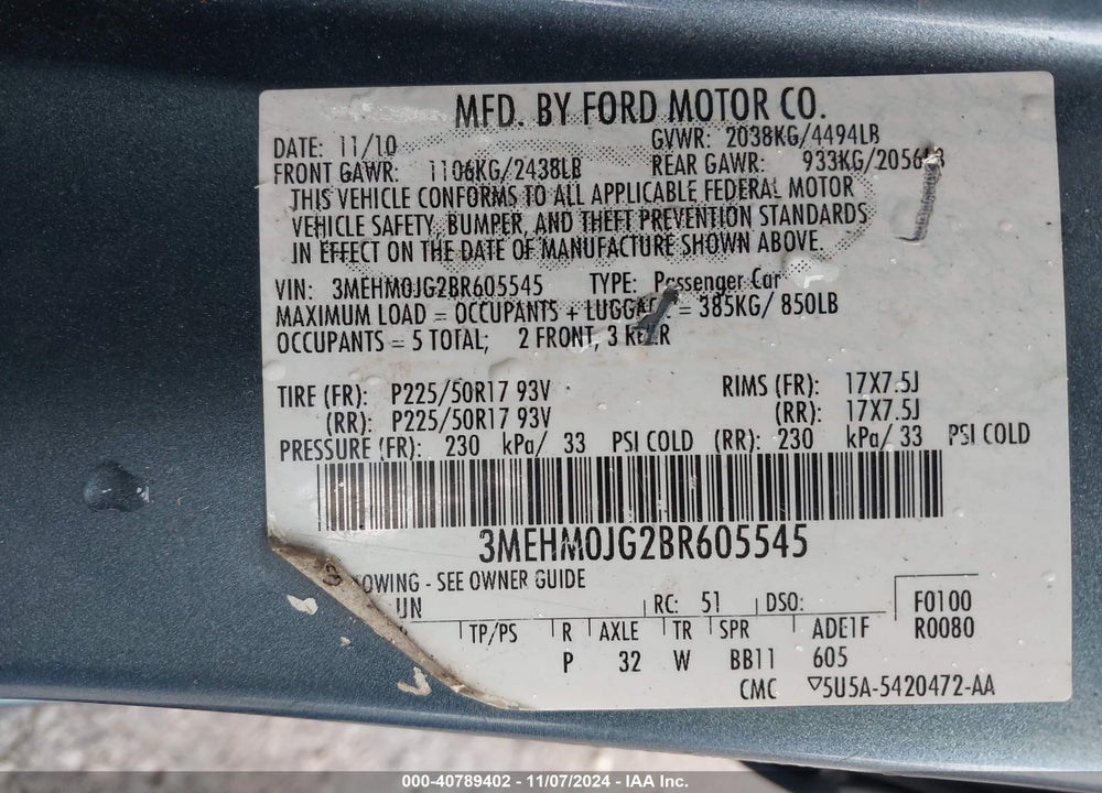 2011 MERCURY MILAN PREMIER VIN: 3MEHM0JG2BR605545