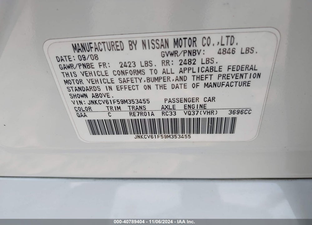 2009 INFINITI G37X VIN: JNKCV61F59M353455