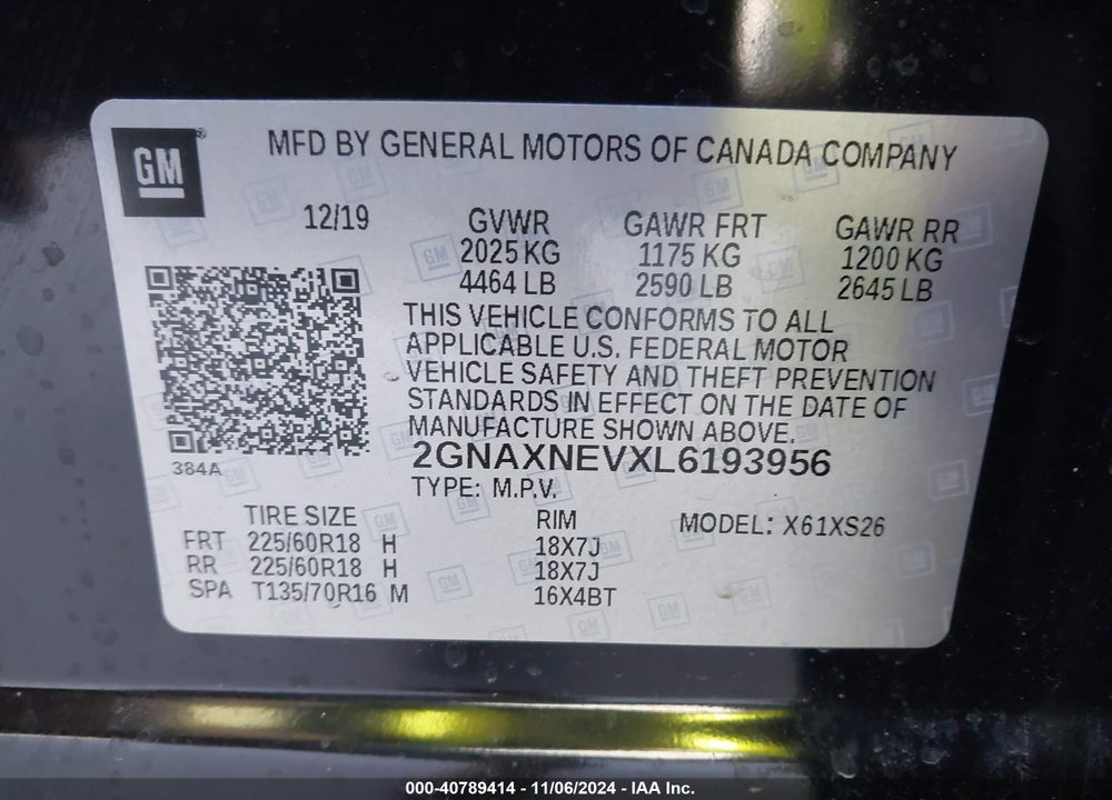 2020 CHEVROLET EQUINOX FWD PREMIER 1.5L TURBO VIN: 2GNAXNEVXL6193956