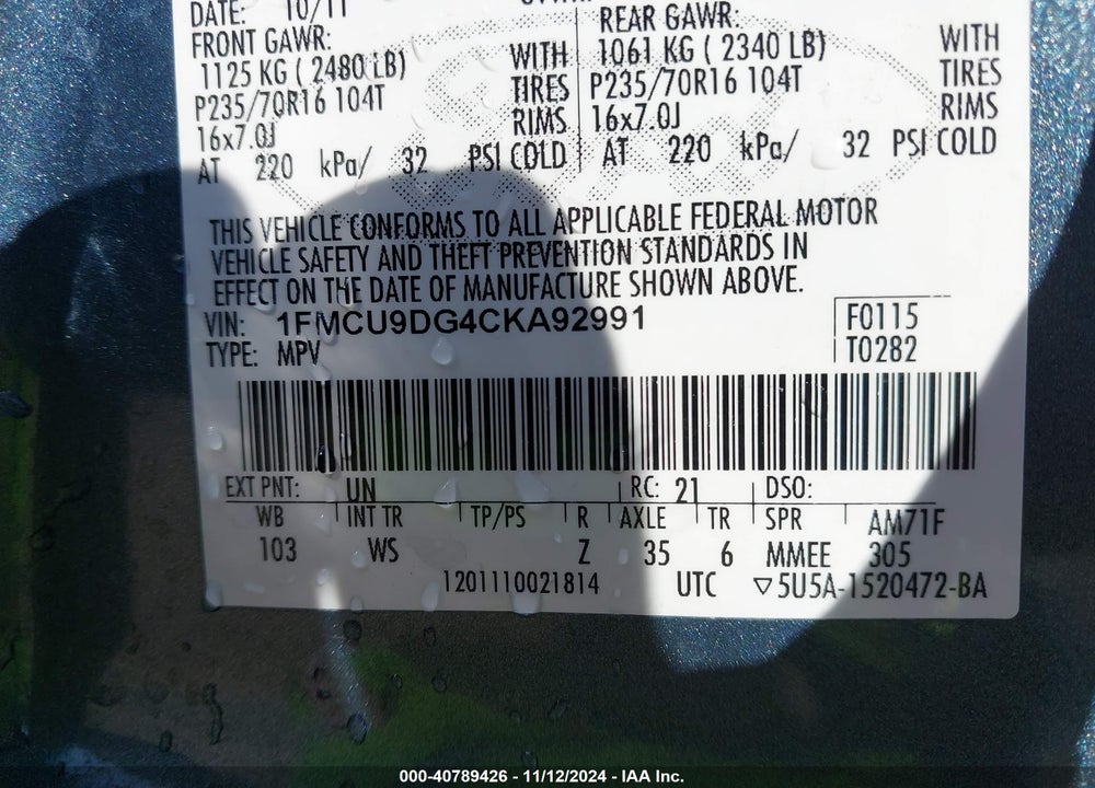 2012 FORD ESCAPE XLT VIN: 1FMCU9DG4CKA92991