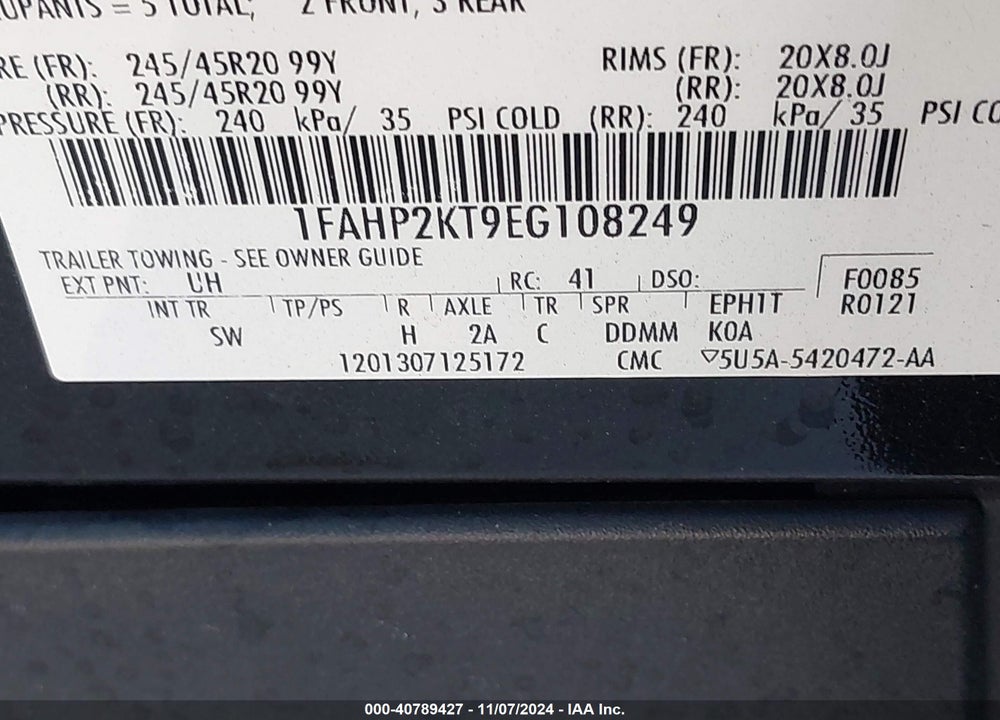 2014 FORD TAURUS SHO VIN: 1FAHP2KT9EG108249
