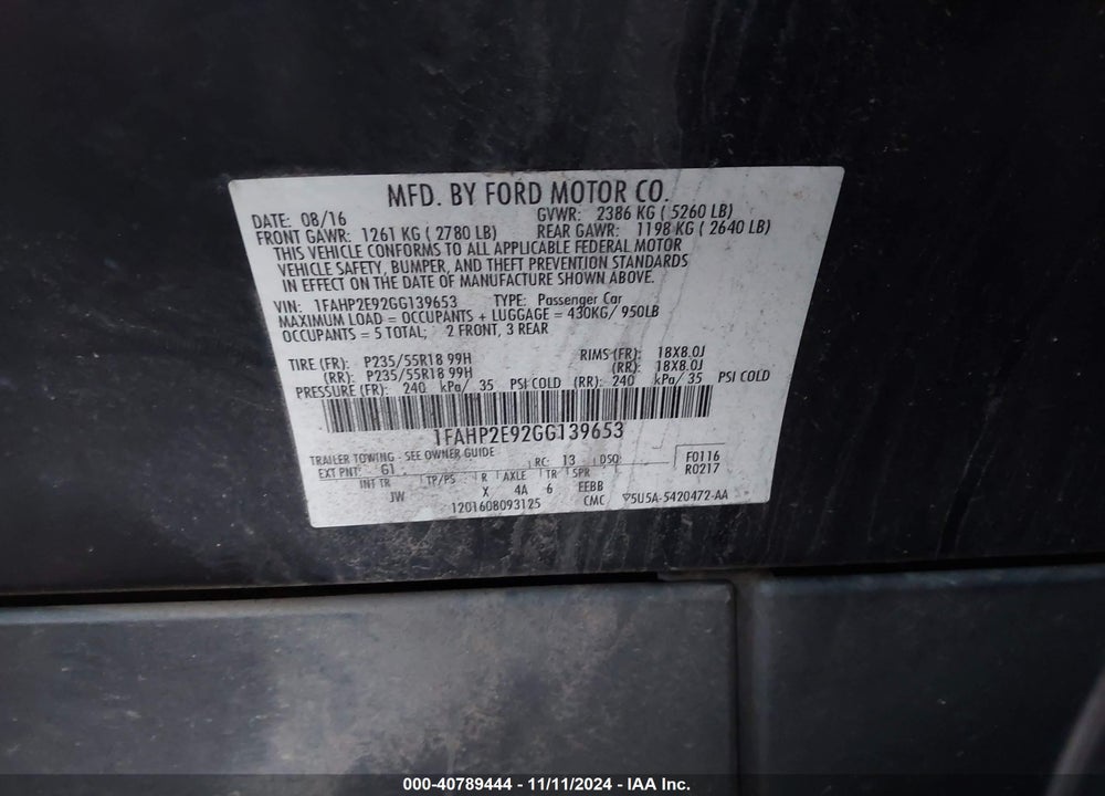 2016 FORD TAURUS SEL VIN: 1FAHP2E92GG139653