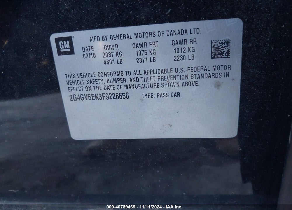 2015 BUICK REGAL 1FL VIN: 2G4GV5EK3F9228656