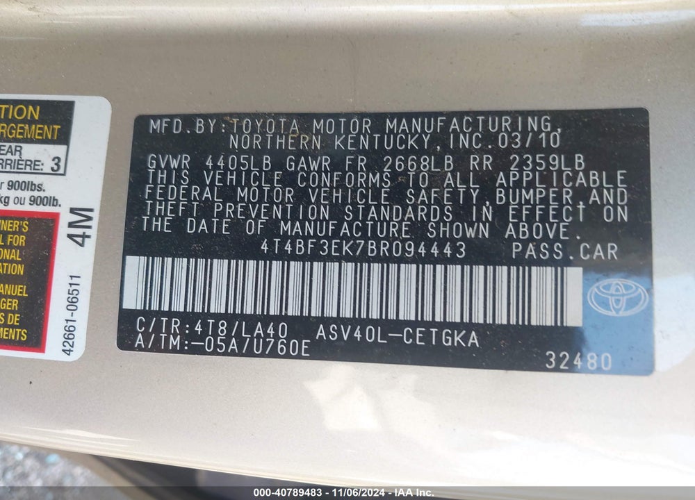 2011 TOYOTA CAMRY XLE VIN: 4T4BF3EK7BR094443