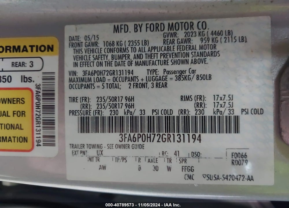 2016 FORD FUSION SE VIN: 3FA6P0H72GR131194