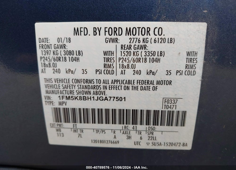 2018 FORD EXPLORER VIN: 1FM5K8BH1JGA77501