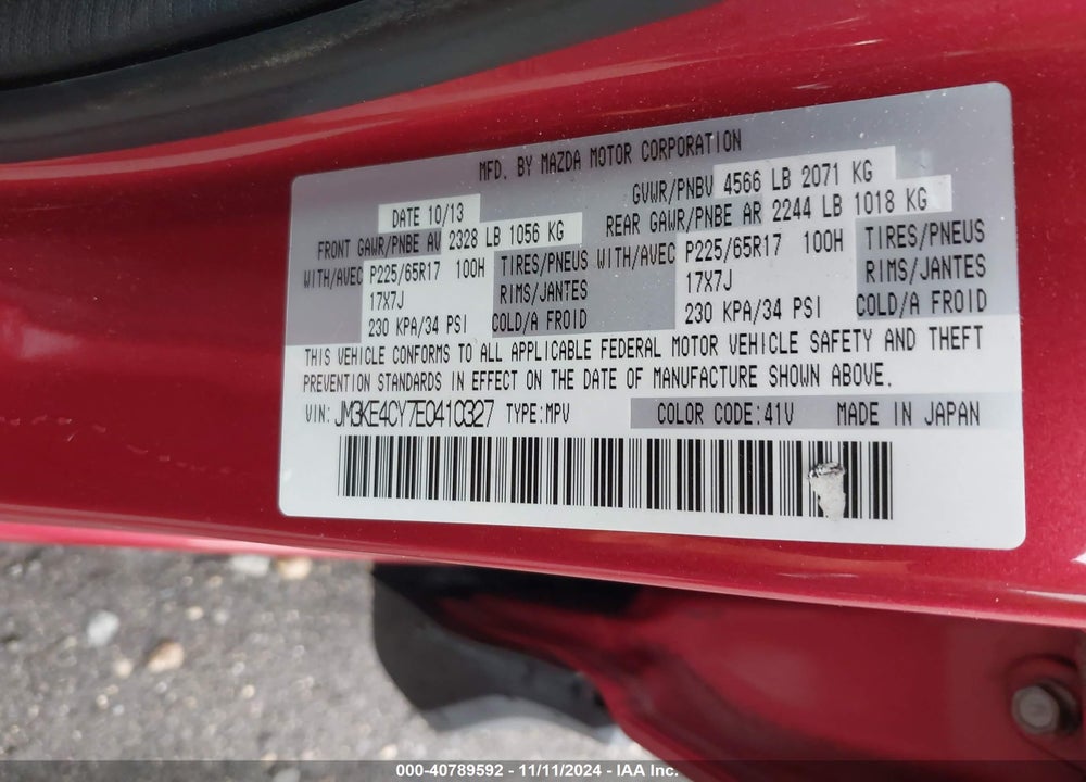2014 MAZDA CX-5 TOURING VIN: JM3KE4CY7E0410327