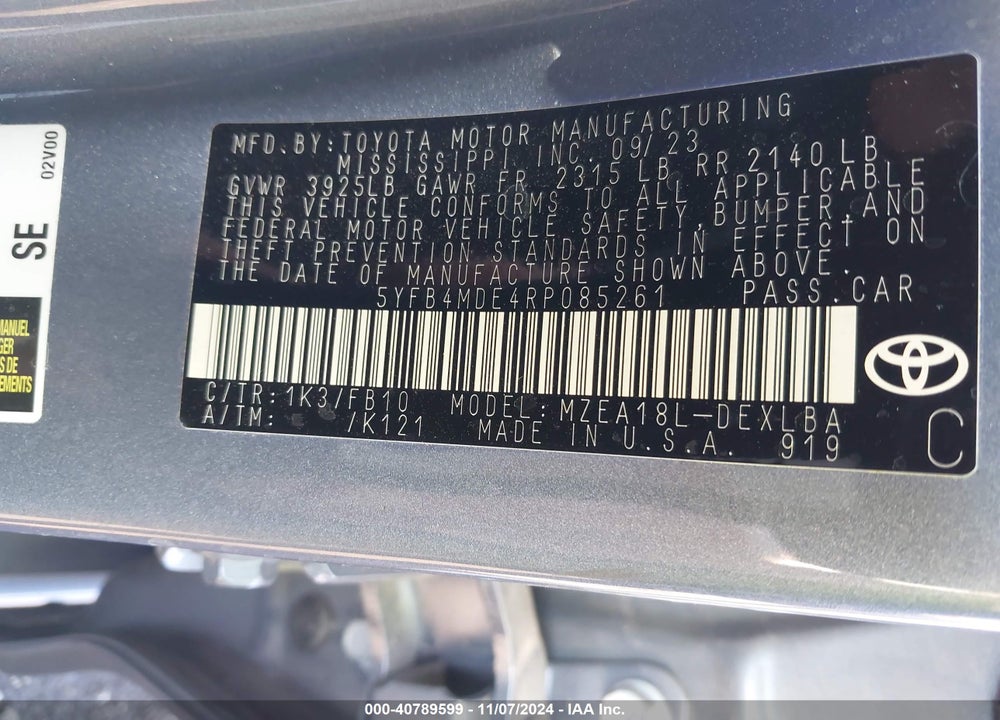2024 TOYOTA COROLLA LE VIN: 5YFB4MDE4RP085261