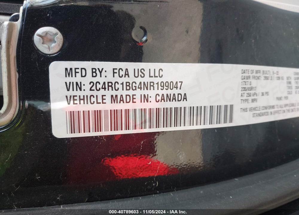 2022 CHRYSLER PACIFICA TOURING L VIN: 2C4RC1BG4NR199047