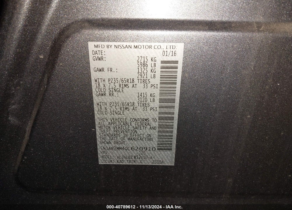 2016 NISSAN PATHFINDER S VIN: 5N1AR2MM4GC620910