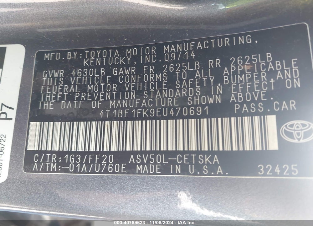 2014 TOYOTA CAMRY SE VIN: 4T1BF1FK9EU470691