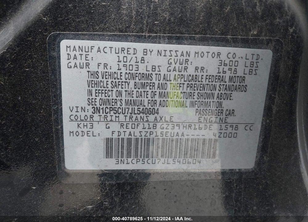 2018 NISSAN KICKS SV VIN: 3N1CP5CU7JL540604