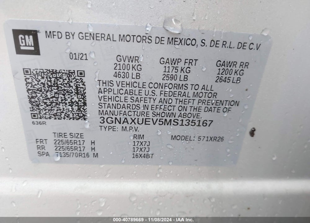 2021 CHEVROLET EQUINOX AWD LT VIN: 3GNAXUEV5MS135167