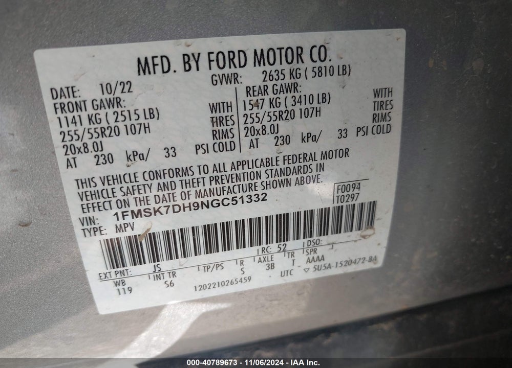2022 FORD EXPLORER XLT VIN: 1FMSK7DH9NGC51332