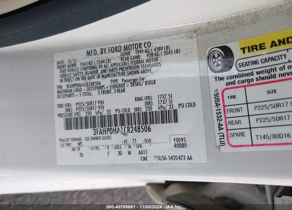 2012 FORD FUSION SE VIN: 3FAHP0HA1CR248506