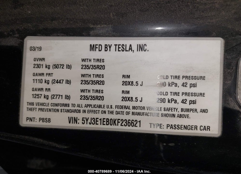 2019 TESLA MODEL 3 LONG RANGE/PERFORMANCE VIN: 5YJ3E1EB0KF236621