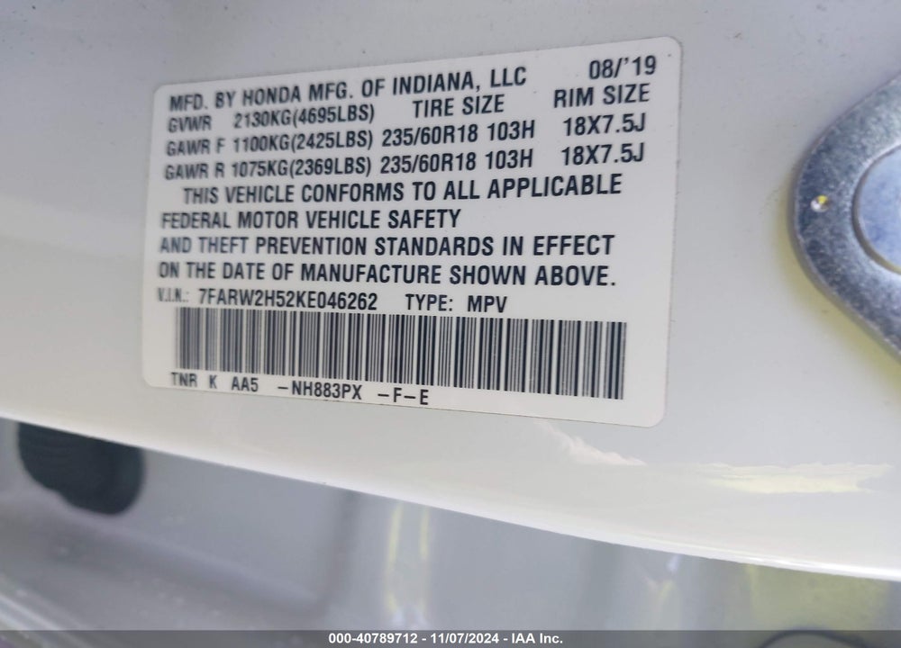 2019 HONDA CR-V EX VIN: 7FARW2H52KE046262