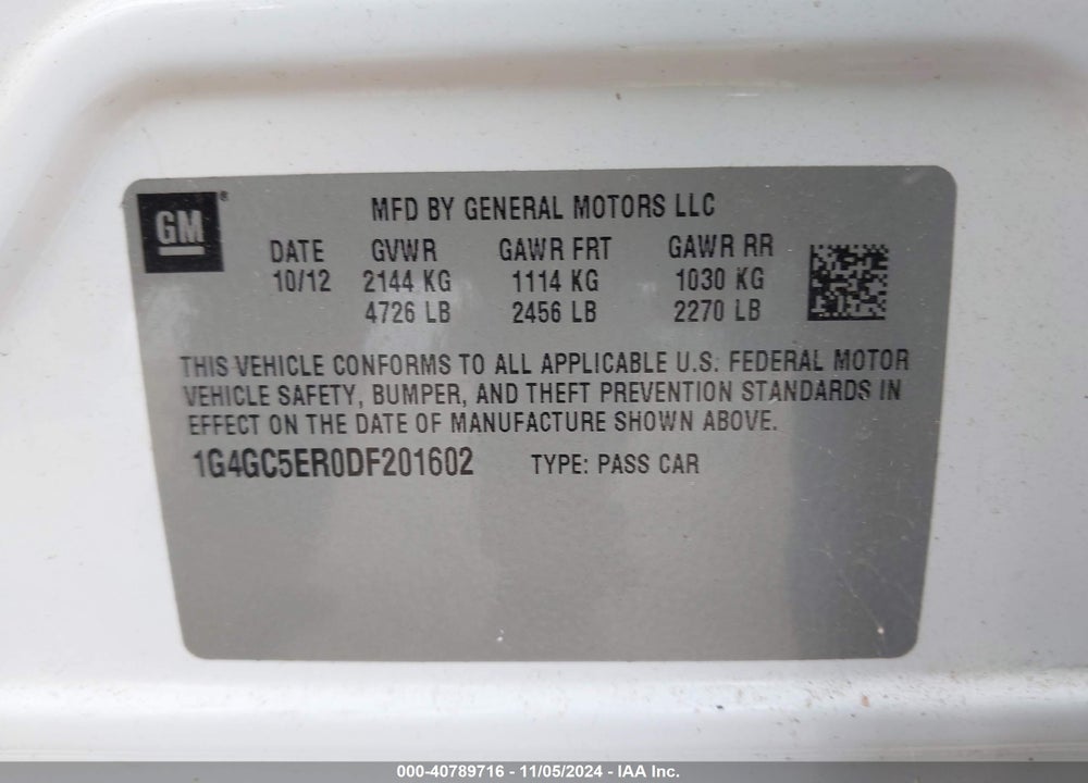 2013 BUICK LACROSSE LEATHER GROUP VIN: 1G4GC5ER0DF201602