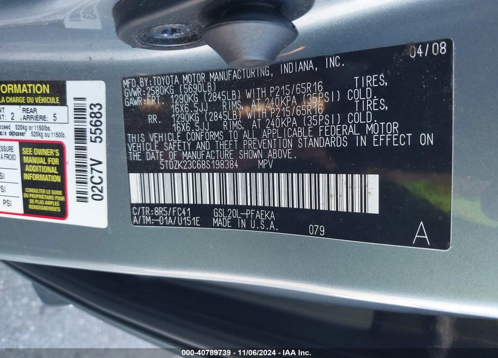 2008 TOYOTA SIENNA LE VIN: 5TDZK23C68S198384