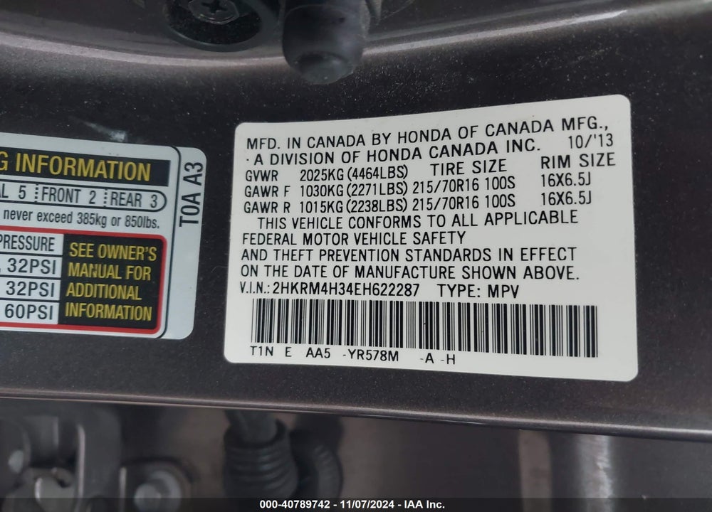 2014 HONDA CR-V LX VIN: 2HKRM4H34EH622287