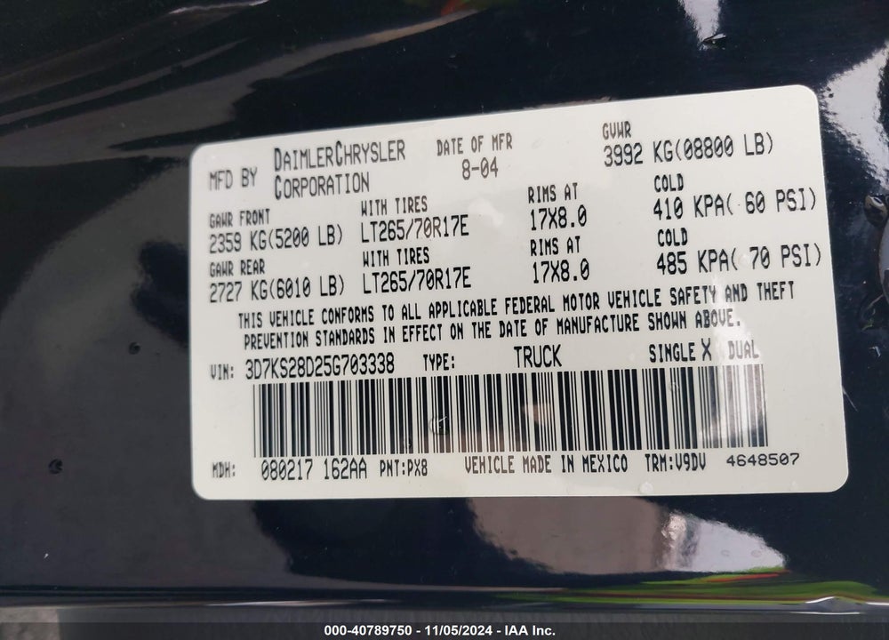 2005 DODGE RAM 2500 SLT/LARAMIE VIN: 3D7KS28D25G703338