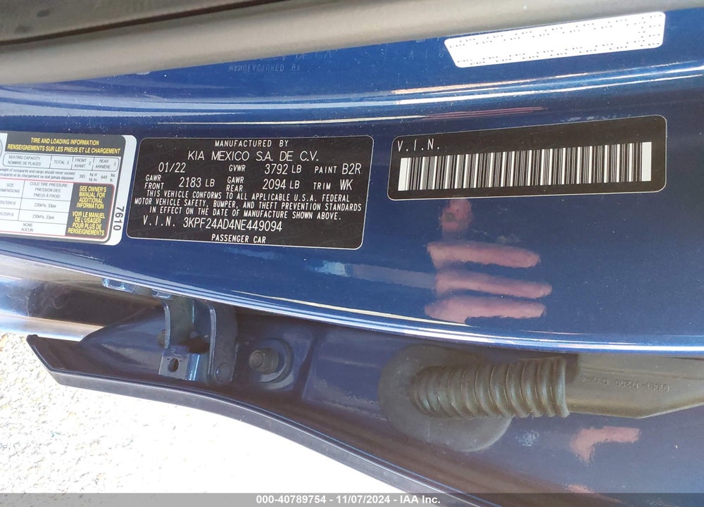 2022 KIA FORTE LXS VIN: 3KPF24AD4NE449094