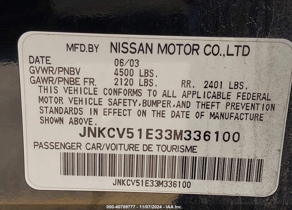 2003 INFINITI G35 LUXURY LEATHER VIN: JNKCV51E33M336100