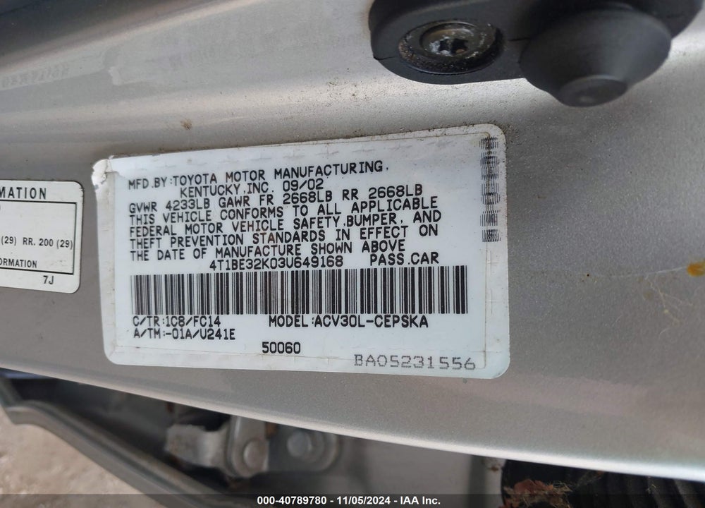 2003 TOYOTA CAMRY SE VIN: 4T1BE32K03U649168