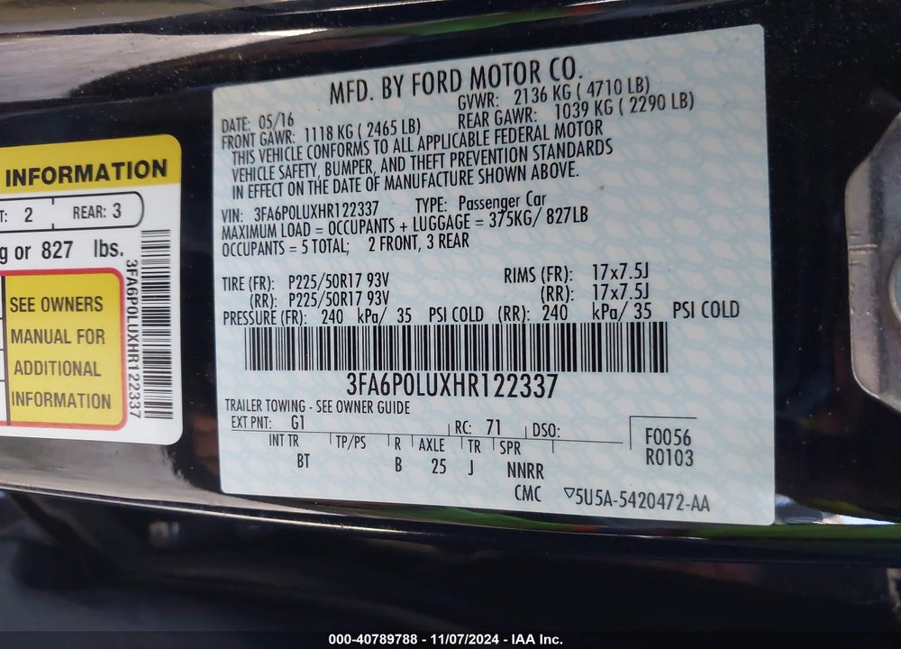 2017 FORD FUSION HYBRID SE VIN: 3FA6P0LUXHR122337
