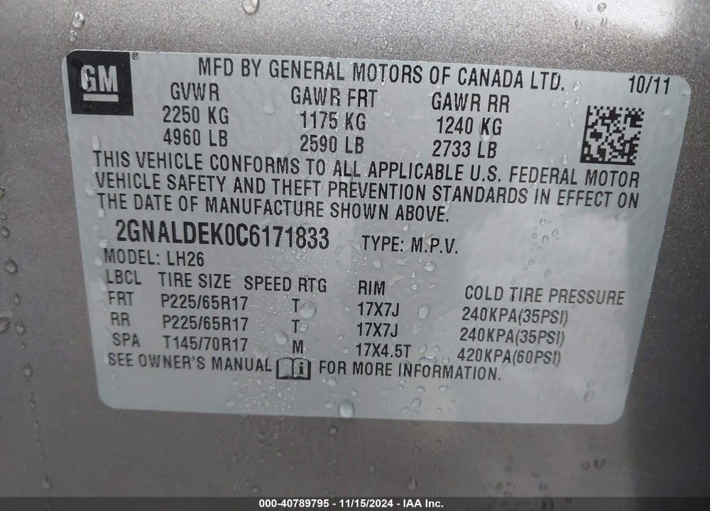 2012 CHEVROLET EQUINOX 1LT VIN: 2GNALDEK0C6171833