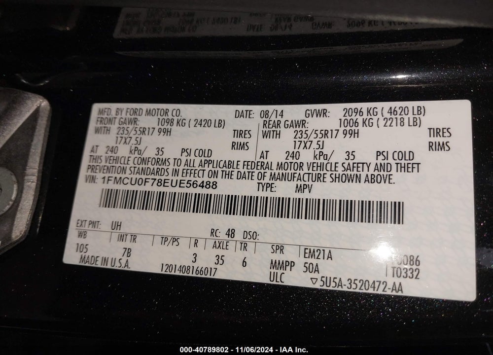 2014 FORD ESCAPE VIN: 1FMCU0F78EUE56488