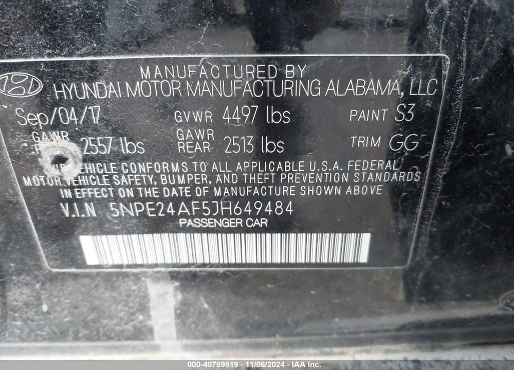 2018 HYUNDAI SONATA VIN: 5NPE24AF5JH649484