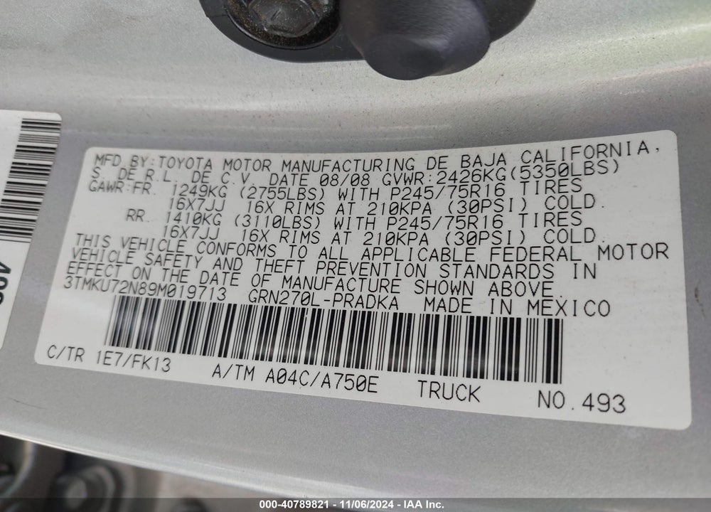 2009 TOYOTA TACOMA DBL CAB PRERUNNER LNG BED VIN: 3TMKU72N89M019713