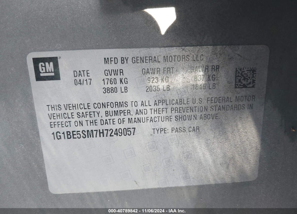 2017 CHEVROLET CRUZE VIN: 1G1BE5SM7H7249057