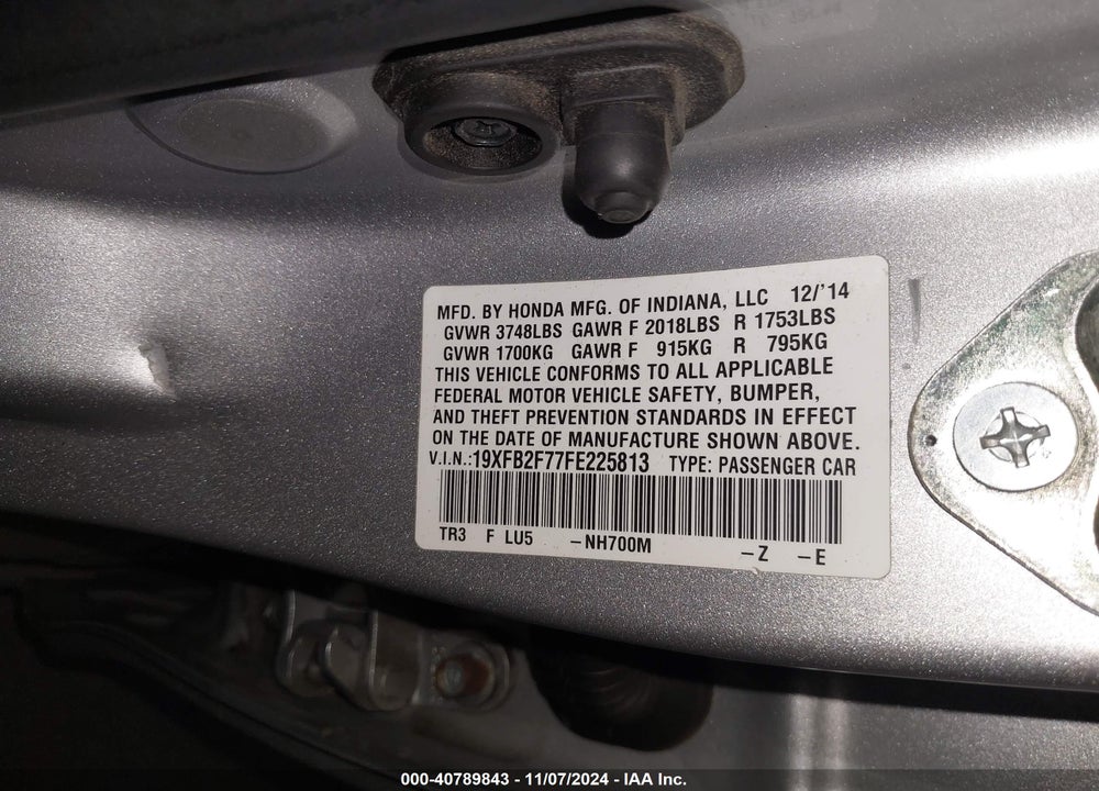 2015 HONDA CIVIC SE VIN: 19XFB2F77FE225813