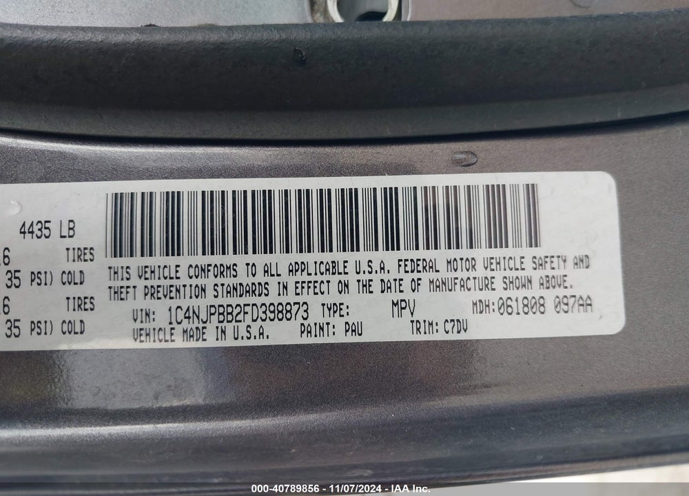 2015 JEEP PATRIOT SPORT VIN: 1C4NJPBB2FD398873