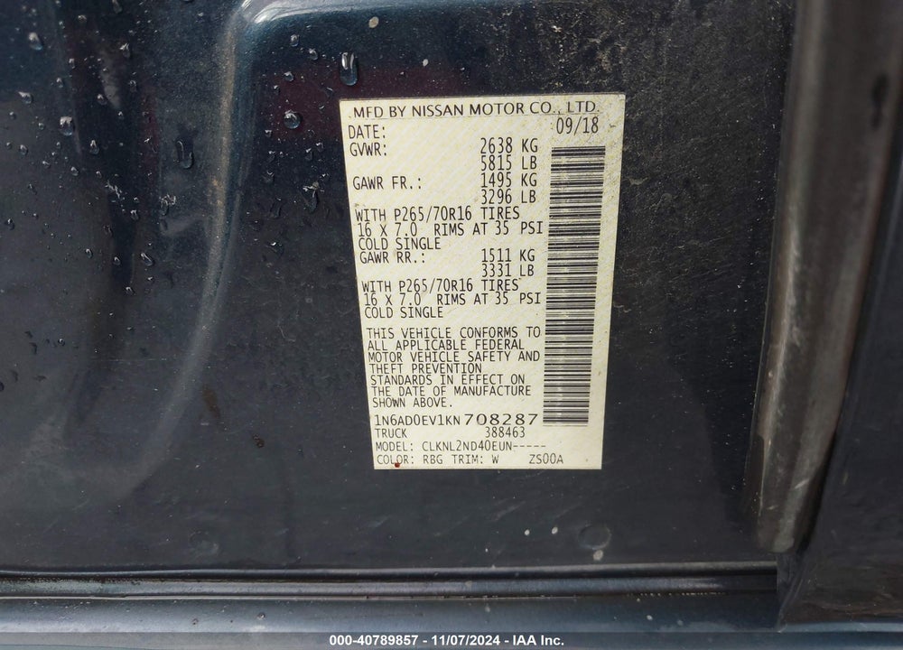 2019 NISSAN FRONTIER SV VIN: 1N6AD0EV1KN708287