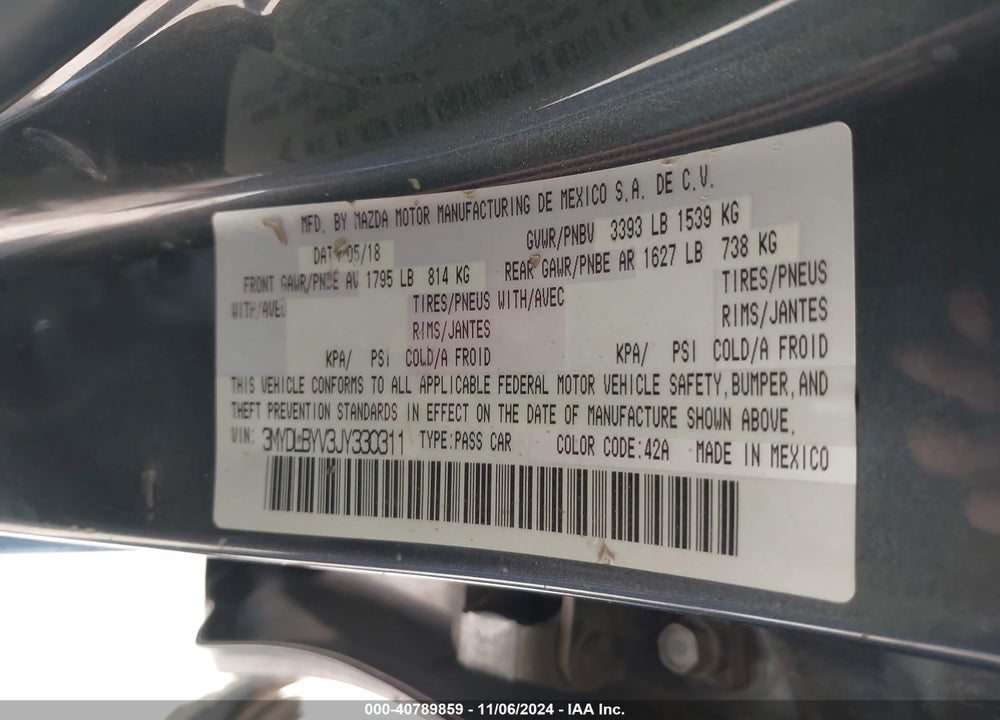 2018 TOYOTA YARIS IA VIN: 3MYDLBYV3JY330311