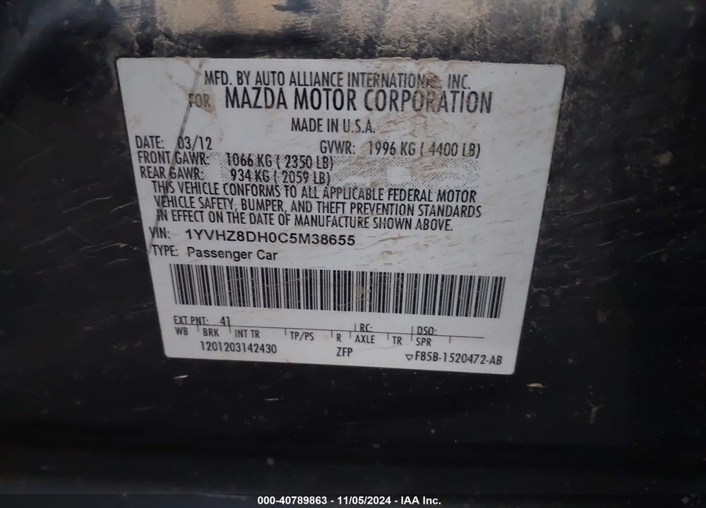 2012 MAZDA 6 I TOURING VIN: 1YVHZ8DH0C5M38655