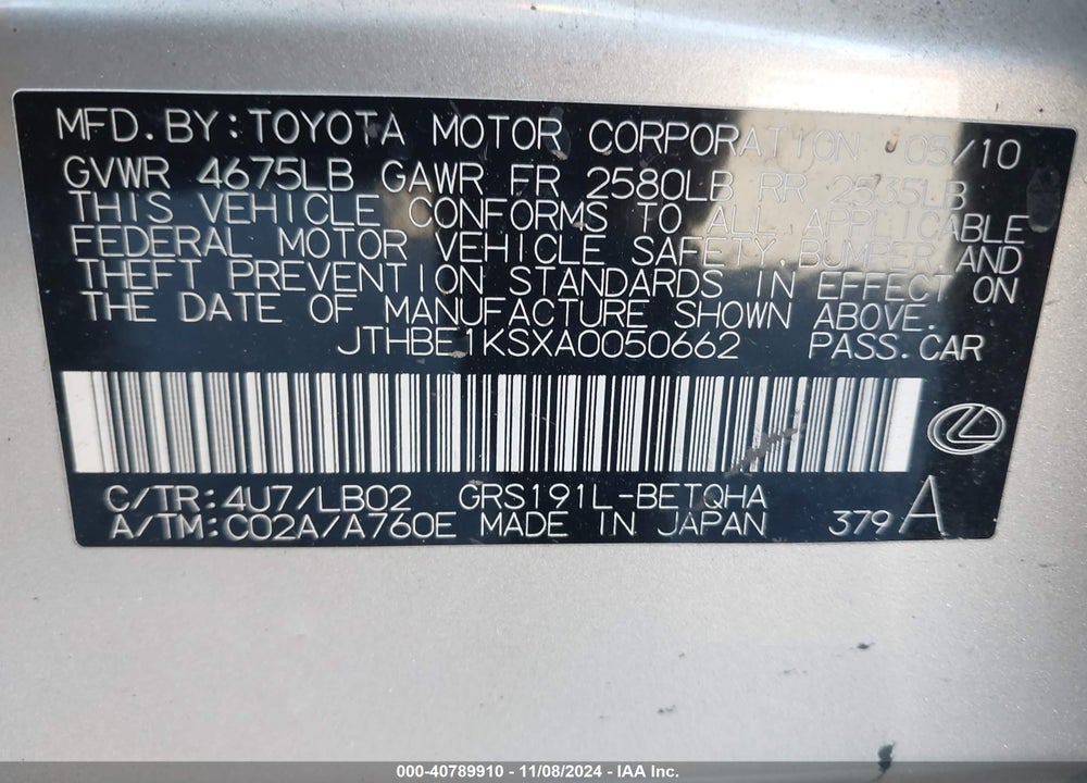 2010 LEXUS GS 350 VIN: JTHBE1KSXA0050662