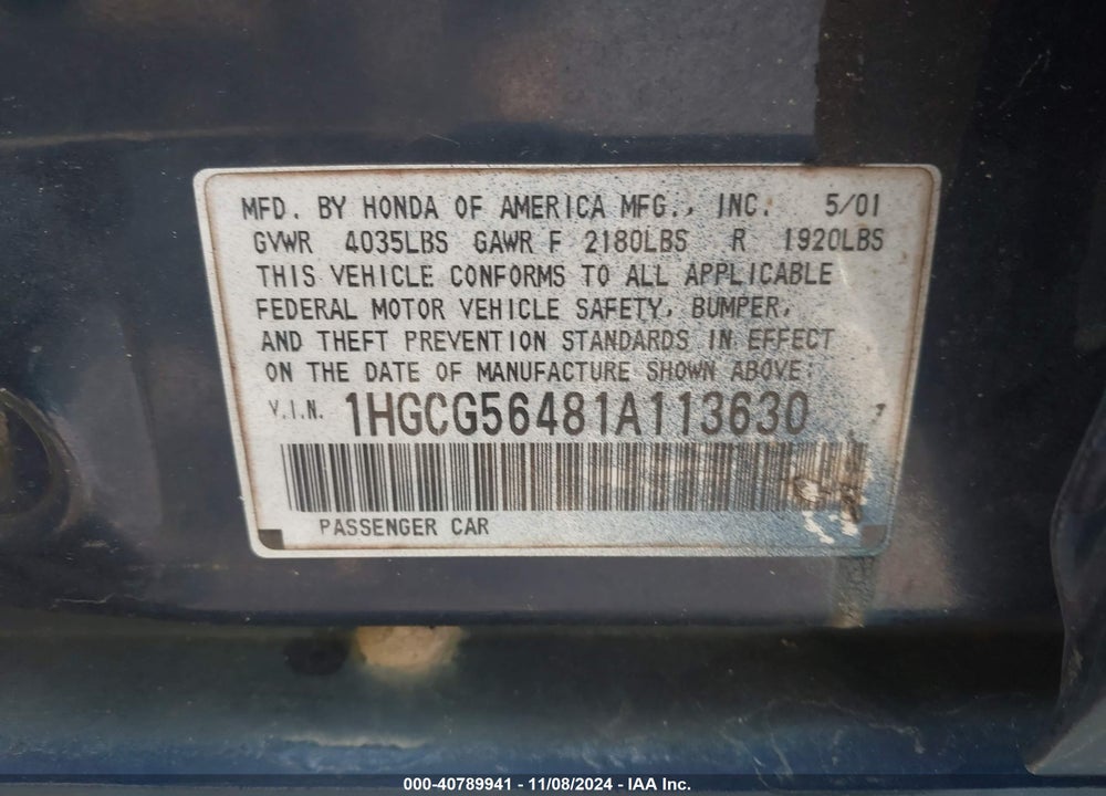 2001 HONDA ACCORD 2.3 LX VIN: 1HGCG56481A113630