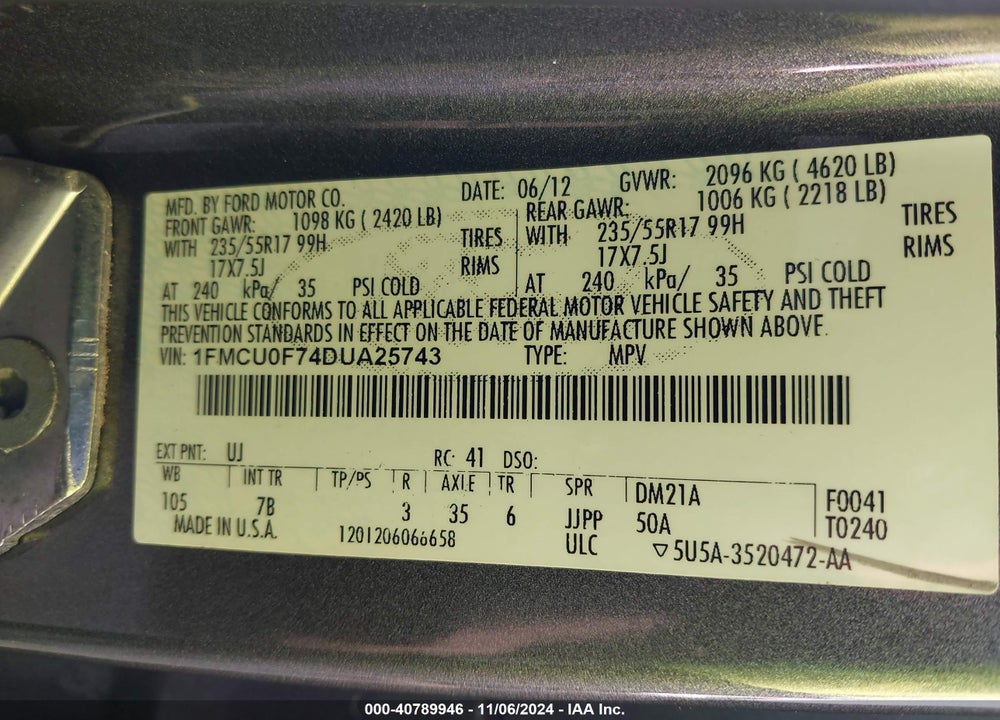 2013 FORD ESCAPE S VIN: 1FMCU0F74DUA25743