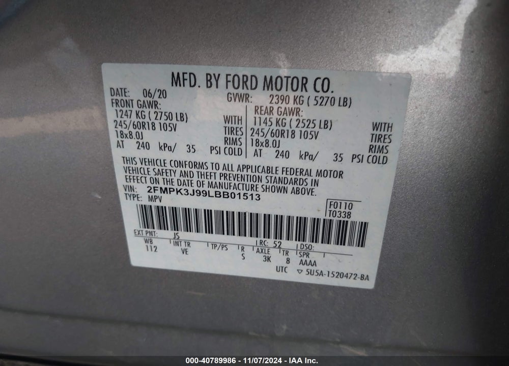 2020 FORD EDGE SEL VIN: 2FMPK3J99LBB01513
